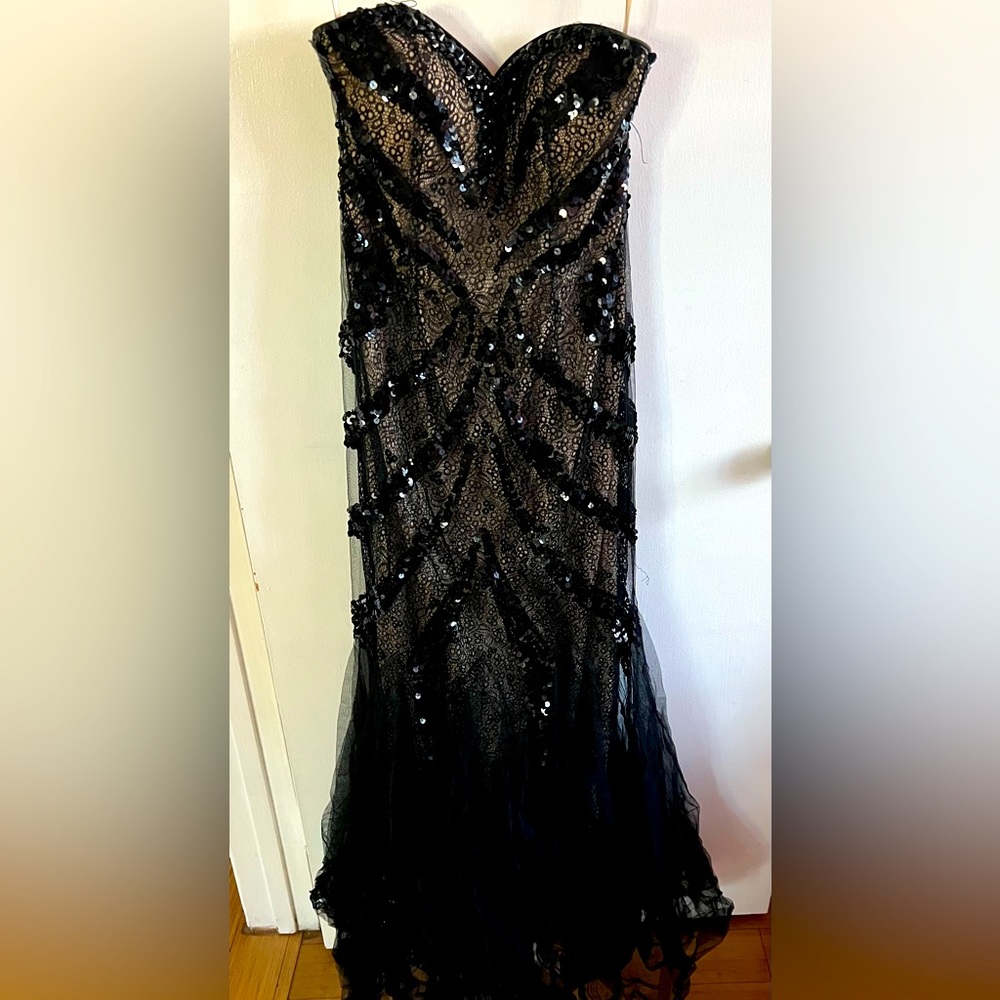 Beautiful gown in black with bodice skin color, has tulle, sequence and stones.